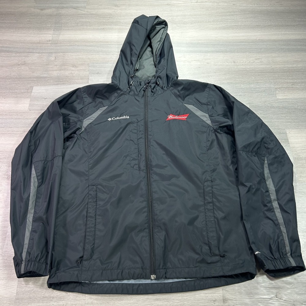 Budweiser Columbia Windbreaker Jacket Mens Medium Black Hooded Omni-Shield Logo